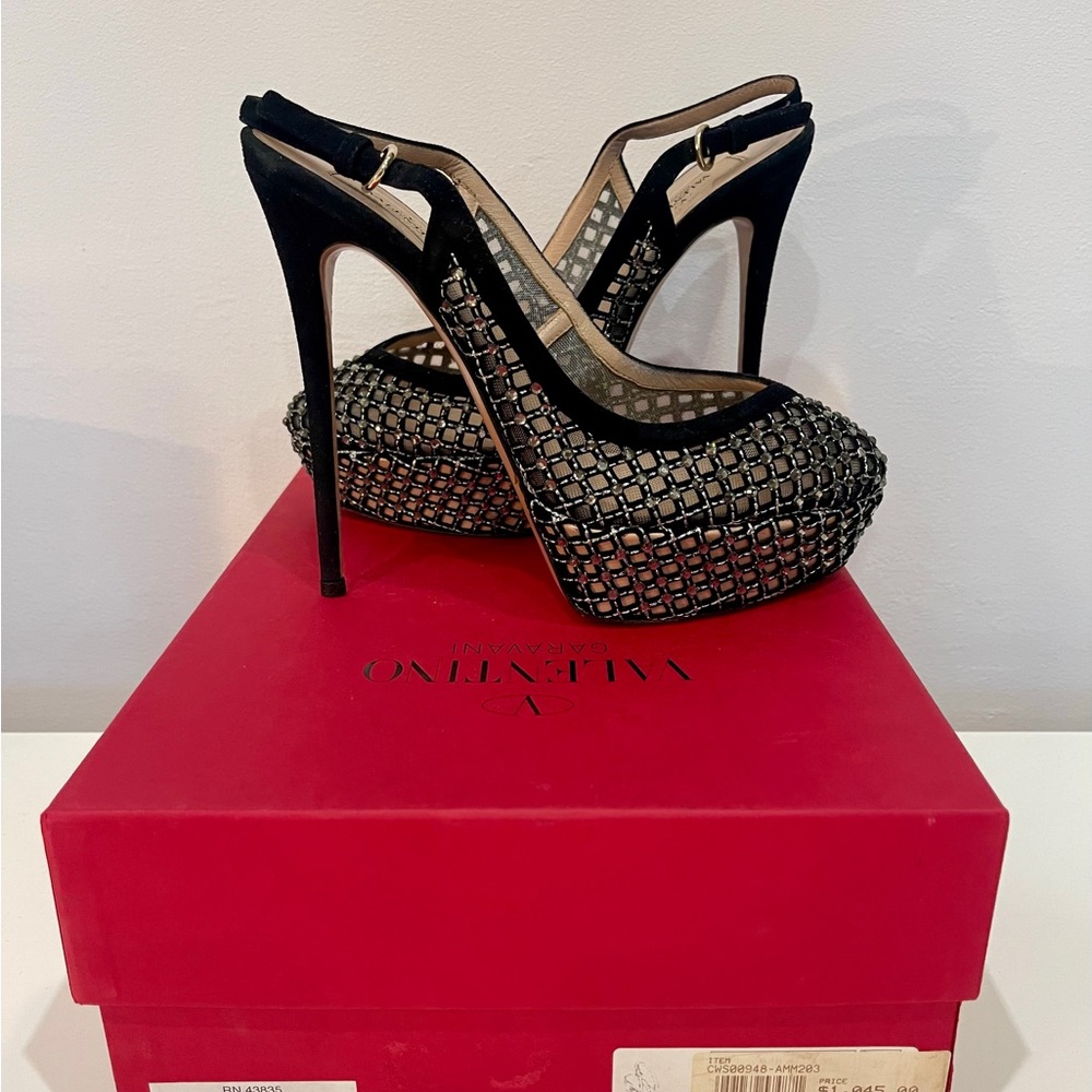 Valentino Garavani Black and Silver Mesh Heels